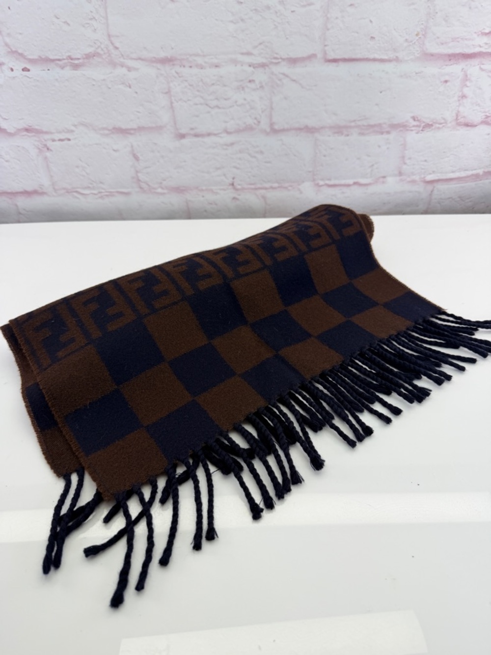 Fendi Brown and Navy Checker Scarf with FF Logo Fringe